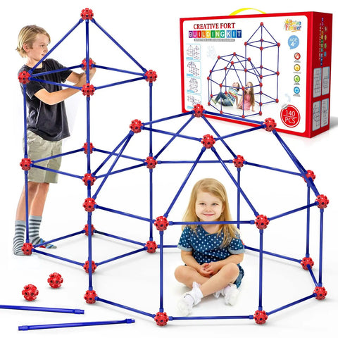 Children playing with Creative Fort Building Kit For Kids STEM Construction Toys With 140 Pieces 30 Magic Balls 64 Long Rods 46 Connectors