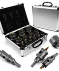 DIKTALK 16-piece carbide hole saw kit, front view in silver metal case with arbors