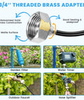Image showing 3/4'' threaded brass adapter with garden filter, water timer, outdoor faucet, and hose splitter for adjustable misting system.