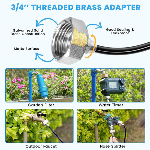 Image showing 3/4'' threaded brass adapter with garden filter, water timer, outdoor faucet, and hose splitter for adjustable misting system.