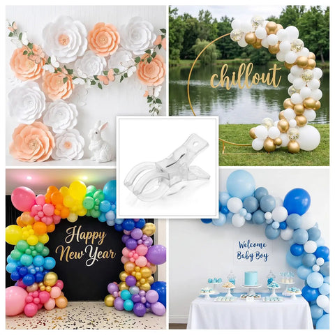 Grab These Heavy Duty 3.5 Inch Clear Balloon Arch Clips And Make Your Next Party Or Wedding Look Totally Awesome With Secure Spring Clamps That Grip Tight And Keep Balloons Stacking Smooth For Epic Backdrops. Clear 3.62x1.22in PET balloon arch clip shown with event backdrops