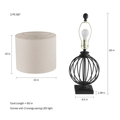 Set Of 2 Black Wrought Iron Table Lamps With Open Cage Design And LED Bulbs, Modern Farmhouse End Table Lighting, Includes Linen Drum Shades, Perfect Living Room Or Bedroom Accent Lighting, showing dimensions.
