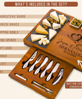Personalized Acacia Wood Charcuterie Board Set With Heavy Duty Stainless Steel Knives - Custom Engraved Cheese Board Tray For Weddings Housewarmings Dope Hosting Essentials That Slays Every Hangout features various cheese and dipping items.