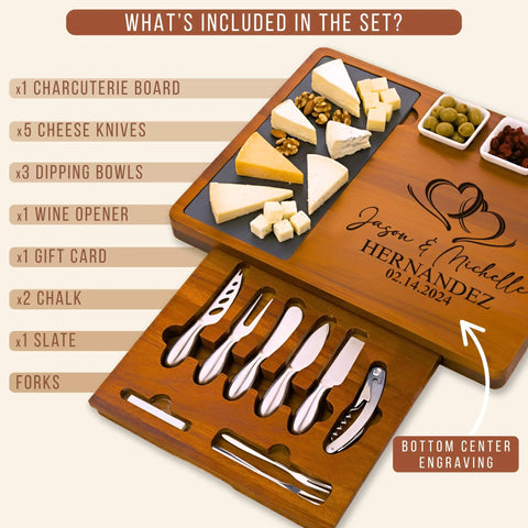Personalized Acacia Wood Charcuterie Board Set With Heavy Duty Stainless Steel Knives - Custom Engraved Cheese Board Tray For Weddings Housewarmings Dope Hosting Essentials That Slays Every Hangout features various cheese and dipping items.