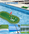 Floating Golf Green For Pool 47 By 24 Inches With Ball Retriever And Anti Drift Ropes displayed on water