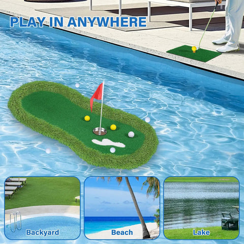 Floating Golf Green For Pool 47 By 24 Inches With Ball Retriever And Anti Drift Ropes displayed on water