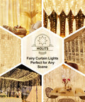 Collage showcasing Upgraded Tangle-Free Warm White USB Curtain Lights With 200 LEDs, 6.6Ft By 6.6Ft for various indoor settings