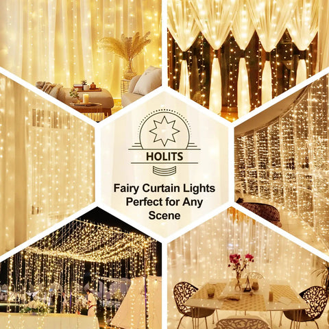 Collage showcasing Upgraded Tangle-Free Warm White USB Curtain Lights With 200 LEDs, 6.6Ft By 6.6Ft for various indoor settings