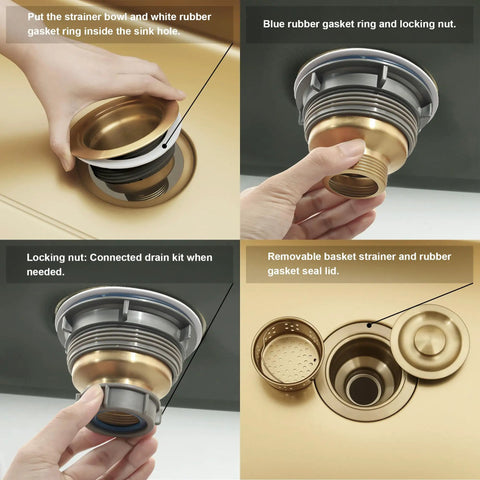 Golden 3-1/2 Inch Stainless Steel Kitchen Sink Drain Strainer With Removable Deep Basket And Sealing Lid, 304 Stainless