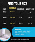 Sizing guide for Go To Ankle Brace for Women and Men with lace-up adjustable support and side stabilizers. Measure ankle circumference.