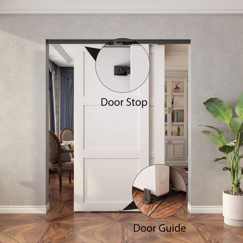 Heavy-Duty Bypass Door Track Hardware For Aluminum Sliding Doors, 48 Inch Four Foot Rail Set, Concealed Sliding Track For Cabinet And Closet, Pocket Door System, Two-Door, Smooth Quiet Operation, Black Finish in use showing door stop and guide.