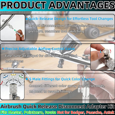 Quick Release Connect Kit With Adjustable Valve And Spring Lock for airbrush tool swaps, shown with fittings and adapter in use