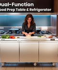 Woman preparing dough on Commercial Undercounter Refrigerator 20.9 Cubic Foot Three Door Stainless Steel Worktop Cold Storage.
