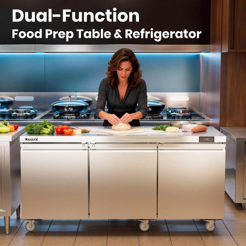 Woman preparing dough on Commercial Undercounter Refrigerator 20.9 Cubic Foot Three Door Stainless Steel Worktop Cold Storage.