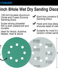 Ditch cheap discs and grab these 50 pc 5-inch sanding discs with 8 holes showing aluminum oxide and zirconia materials.