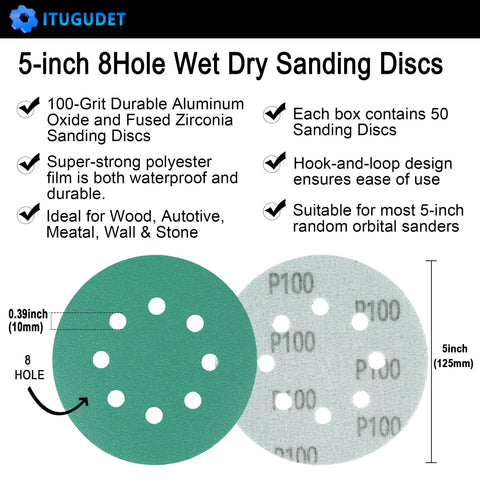 Ditch cheap discs and grab these 50 pc 5-inch sanding discs with 8 holes showing aluminum oxide and zirconia materials.