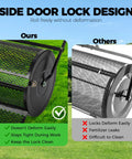Comparison of 24 Inch Lawn Roller And Compost Spreader With Double Side Latches And Steel Mesh Basket for top dressing, showing two side views.