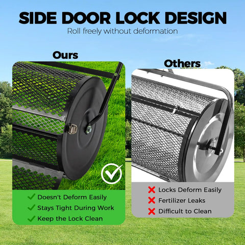 Comparison of 24 Inch Lawn Roller And Compost Spreader With Double Side Latches And Steel Mesh Basket for top dressing, showing two side views.