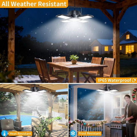 Solar Shed Light 176 LED 4 In 1 Heads Motion Sensor Security Lamp lighting patio, gazebo, and outdoor grill in snow and heat.