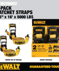 Heavy Duty Ratchet Straps 1.5 By 16 Feet With 5000 Pound Rating 2 Pack Cargo Tie Downs shown in packaging and out of package.