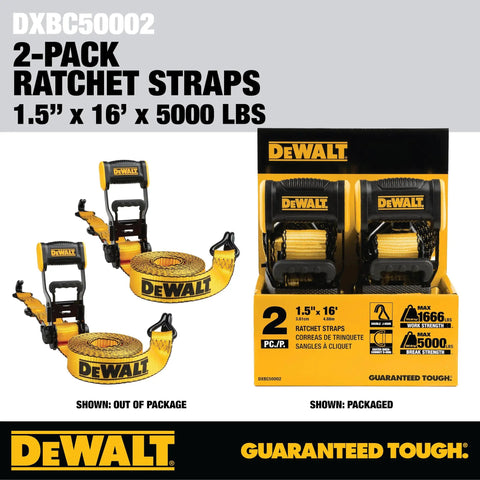 Heavy Duty Ratchet Straps 1.5 By 16 Feet With 5000 Pound Rating 2 Pack Cargo Tie Downs shown in packaging and out of package.