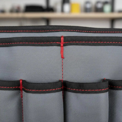 Close-up of Heavy Duty Oxford Canvas Tool Belt With Deep Pockets And Secure Loops Waterproof Waist Carrier adjustable pockets.