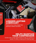 All Season Select Synthetic Lubricant For Reciprocating Compressors All Temperature Blend 1L Bottle being poured into compressor