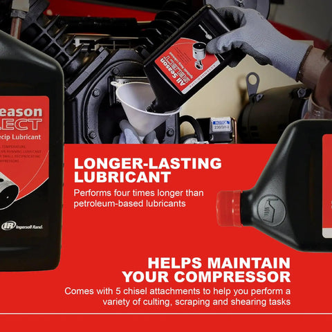 All Season Select Synthetic Lubricant For Reciprocating Compressors All Temperature Blend 1L Bottle being poured into compressor