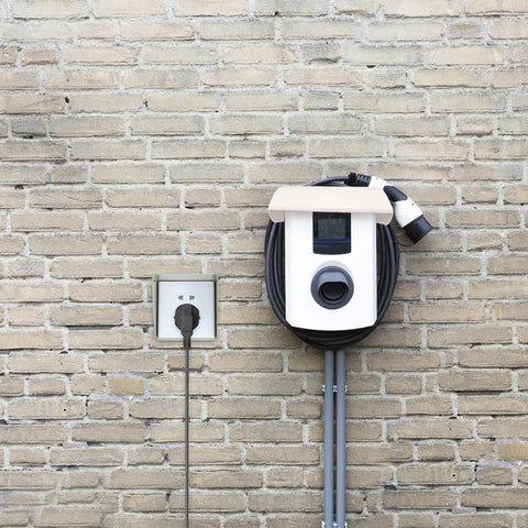 Heavy Duty EV Charging Station Rain Cover For Outdoor Wall Units Weatherproof Roof mounted above charger on brick wall.