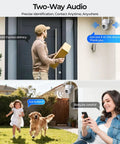 Image of Wireless Outdoor Security Camera System With 2K Color Night Vision 360 Degree Panoramic View Battery Powered Spotlight And Siren WiFi Enabled Motion Sensor Two Way Audio 4 Pack demonstrating two-way audio feature, with a delivery person and family interacting.