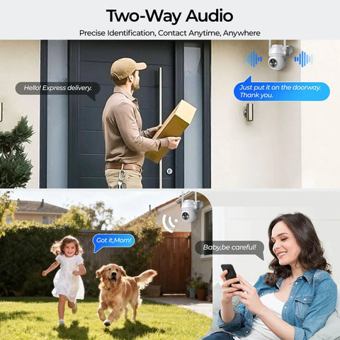 Image of Wireless Outdoor Security Camera System With 2K Color Night Vision 360 Degree Panoramic View Battery Powered Spotlight And Siren WiFi Enabled Motion Sensor Two Way Audio 4 Pack demonstrating two-way audio feature, with a delivery person and family interacting.