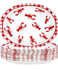 50 Pack Crawfish Boil Disposable Paper Plates Red Grid Oval Heavy Duty Design For Seafood Feasts Backyard Kickbacks Measuring 10X12 Inches featuring vibrant red lobster design.