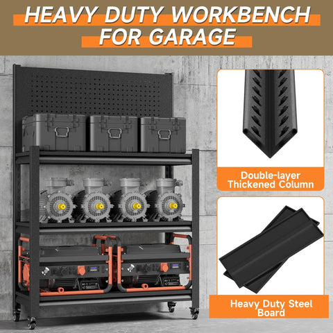 Heavy Duty Steel Workbench With Pegboard On Wheels For Garage And Workshop, built tough with storage and tools displayed.