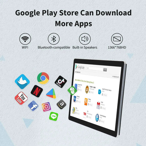 18.5 Inch Android 11 All In One Touchscreen Monitor Featuring Rock Solid Fhd Graphics, Dual Band Wifi And Bluetooth Audio, 2Gb Ram Plus 32Gb Storage, A Top Shelf Smart Board Designed For Classrooms, Huddles, And Gaming Nights showing Google Play store access and app icons.