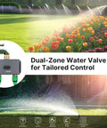 WiFi Sprinkler Timer For 2 Zone System With Brass Inlet And Outlet Water Timer watering a garden with dual outlets