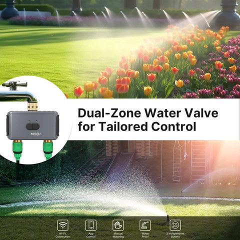 WiFi Sprinkler Timer For 2 Zone System With Brass Inlet And Outlet Water Timer watering a garden with dual outlets