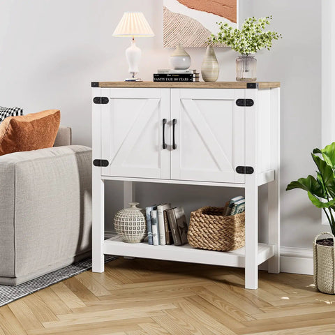 Dope White Console Table With Hidden Storage Cabinets For Entryway And Foyer with decor items and plants