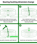 Four-panel bearing replacement diagram for 3/4-inch steel bearings used on lawn mower wheels.