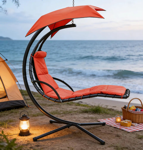 Freestanding Arc Stand Hanging Chaise Lounge Swing Chair With Curved Steel Frame for Patio or Backyard Relaxation by the beach