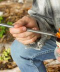 Person using 9.4 Inch Long Spork and Spoon Set for Camping and Hiking with Deep Reach Stainless Steel Utensils outdoors