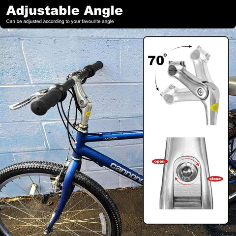 Silver Bike Quill Stem 22.2mm Clamp Adjustable With 180mm Reach And 110mm Extension For Mountain And Road Bikes attached to blue bike.