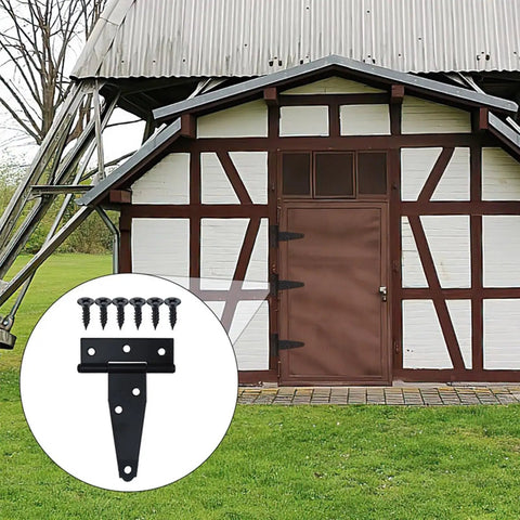 Heavy Duty T Door Hinges With Reinforced Shafts And Screws Included attached to a barn door, showcasing black zinc iron hardware.