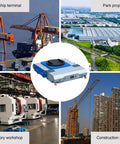 No Sweat Heavy Duty Electric Machinery Dolly With Wireless Remote Control positioned within industrial settings at a ship terminal, factory, and construction site.