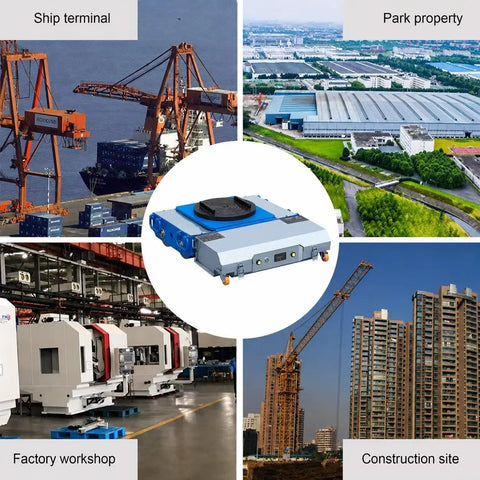 No Sweat Heavy Duty Electric Machinery Dolly With Wireless Remote Control positioned within industrial settings at a ship terminal, factory, and construction site.
