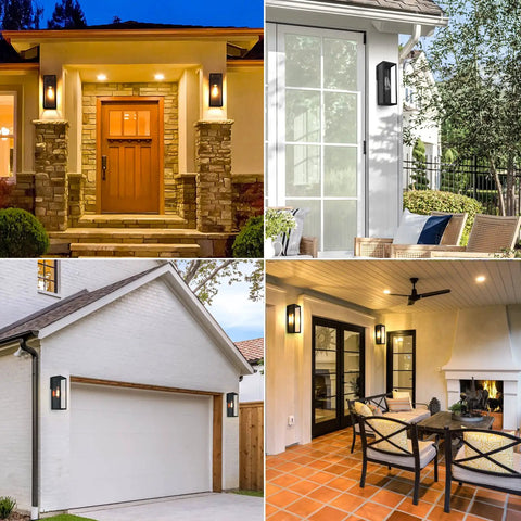 Top Shelf Matte Black Outdoor Wall Lights, Rock Solid Weather Resistant Exterior Sconces on different home exteriors.