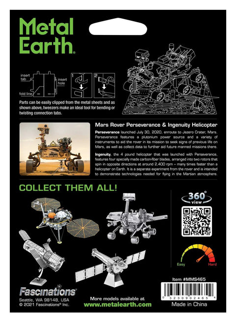 Back view of Metal Earth Mars Rover Perseverance And Ingenuity Helicopter 3D Metal Model Kit packaging with assembly diagrams.