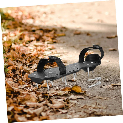 Beefed Up Aerator Shoes Spikes For Women 20 Pack Turf Spikes For Lawn Aeration on pathway with metal pegs visible