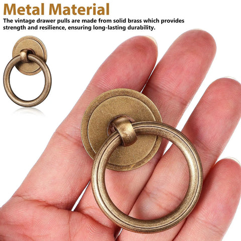 Close-up of Vintage Brass Drawer Pulls 4 Pack Ring Handles With Screws For Dresser Cabinets And Furniture Hardware Retro Bronze Finish Stylish