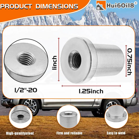 4 Piece Heavy Duty 1/2 20 Extended Thread Weld On Nuts 1 Inch OD Stepped Bung showing dimensions and design for chassis mount use.