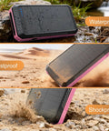 Outdoor Power Bank 33800mAh With Solar Charging And Super Bright LED Flashlight Portable Charger With Built In Cables Wireless Charging And Compass 7 Outputs 4 Inputs shown in waterproof, dustproof, and shockproof scenarios.